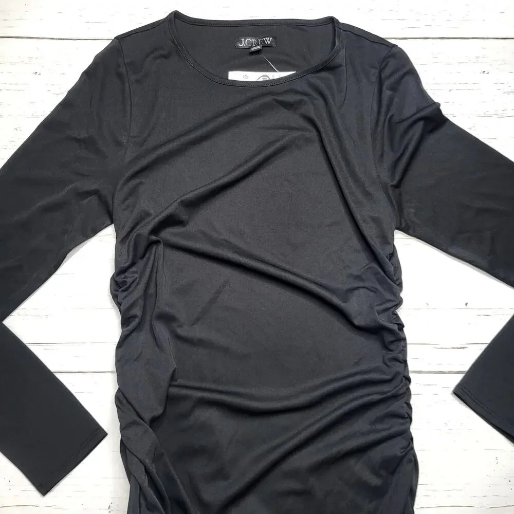 J. Crew Long Sleeve Sheath Midi Dress Jersey Crepe Black Ruched Stretch Medium